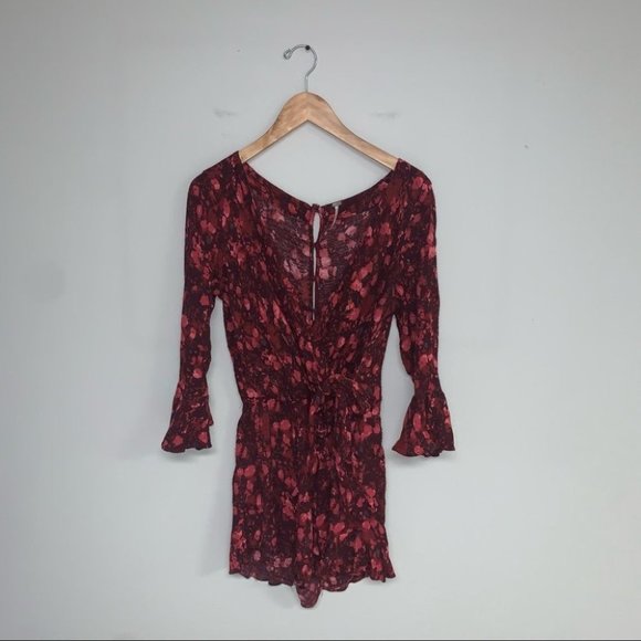 Free People Romper Size Small Red Pink Floral "All  The Right Ruffles" Faux-Wrap - Picture 2 of 12